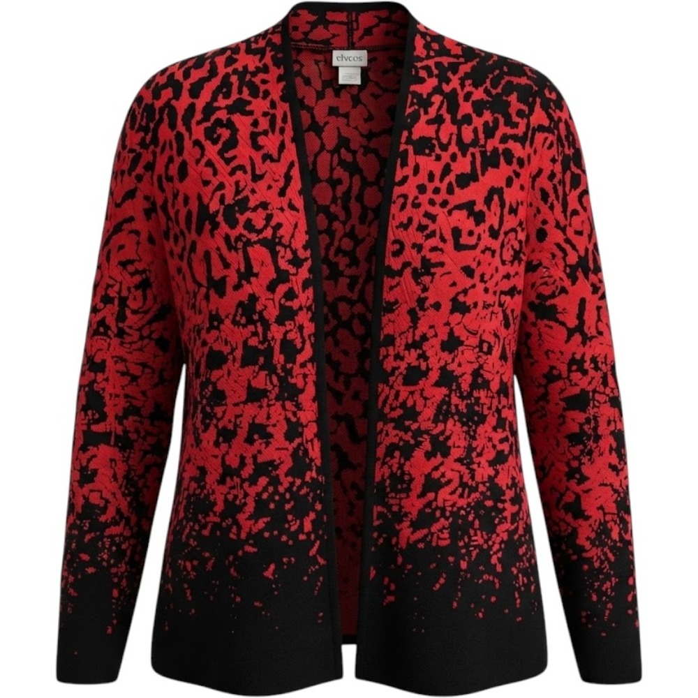 Chicos Womens 2 Red Black Animal Print Open Front Cardigan Sweater Mob Wife Bold
